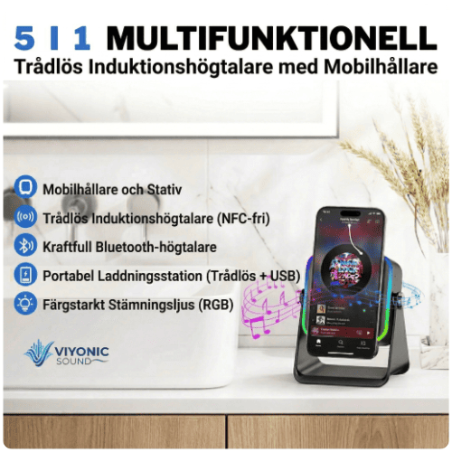 SoundStand Pro™ | Induktiv 5-i-1 trådlös högtalare, telefonhållare och laddare. En enhet. Noll röra.